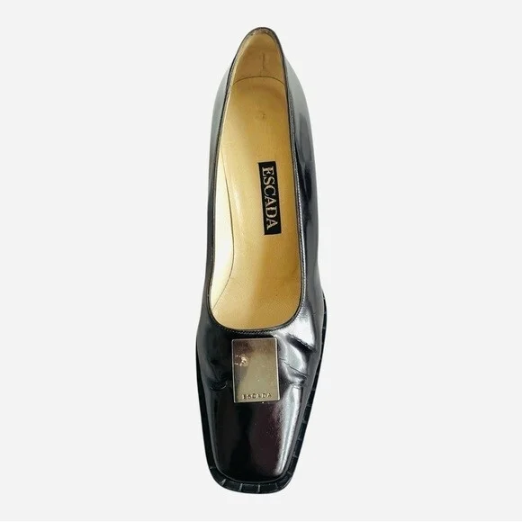 Vintage Escada Black/Brown Leather Pumps Metal Logo Stiletto Size 7B - Picture 10 of 14